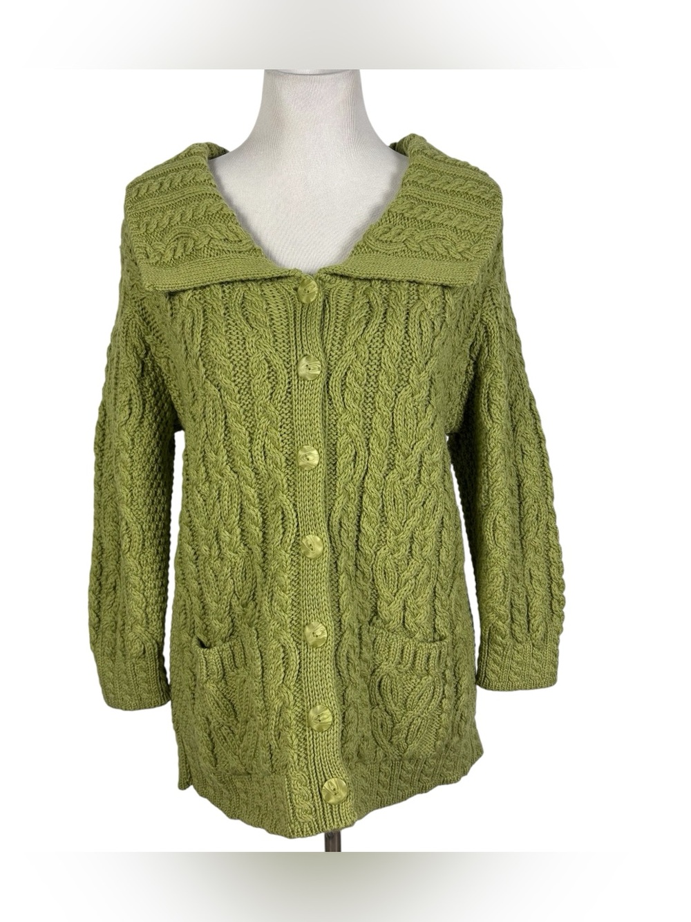 Aran Crafts Green Cable Knit Cardigan Sweater 100% Merino Wool Ireland Medium